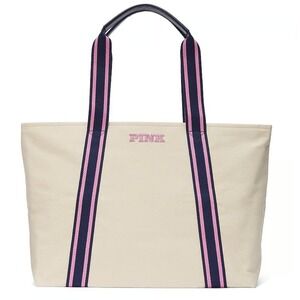 Victoria's Secret PINK Canvas Tote Bag Cream Beige Navy Pink Striped Zip Top NEW